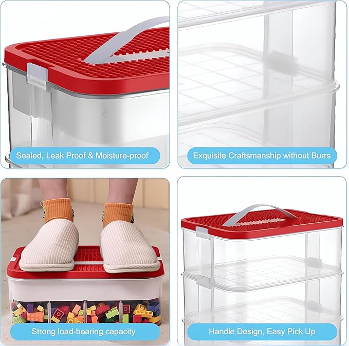Toys Organizer Storage Case for Lego Box Kids Toy Stackable Building Blocks with Lids Bins Adjustable Lego Storage Containers Plastic Toy Box 3 Layer (Red)