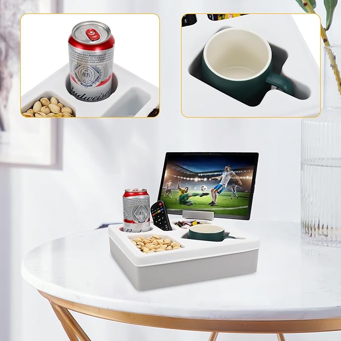 Couch Cup Holder Tray, Silicone Sofa Couch Caddy for Bed Car Seat Beach Organizer, Waterproof Cup Holder with Phone Stand for TV Remote, Snacks, Drinks, Cellphone (Grey)