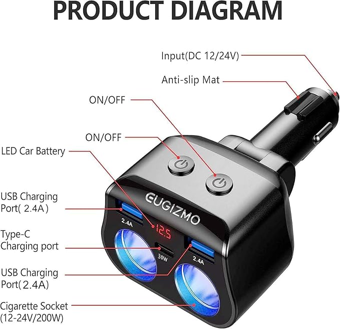 EUGIZMO Dual Car Charger Adapter, 200W Double Cigarette Lighter Adapter Outlet Dual Cigarette Lighter Plug Splitter USB Charger 12V Cigarette Lighter Socket Plug Splitter 2 Socket for Car