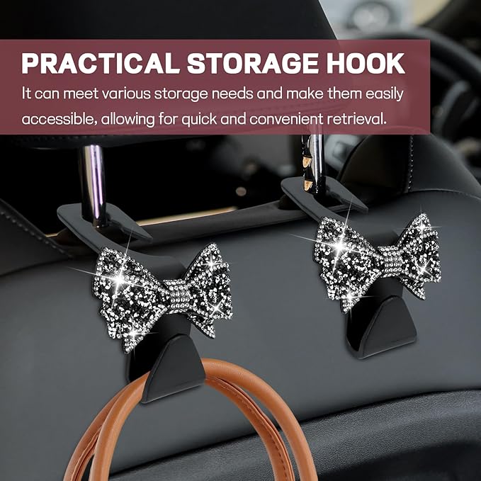 2PCS Bling Bow Car Seat Headrest Hook, Cute Bow Purse Hanger for Cars, Crystal Rhinestone Auto Seat Back Storage Hanging Hooks for Handbag Umbrella Coat Grocery Bags, Car Accessories (Black)