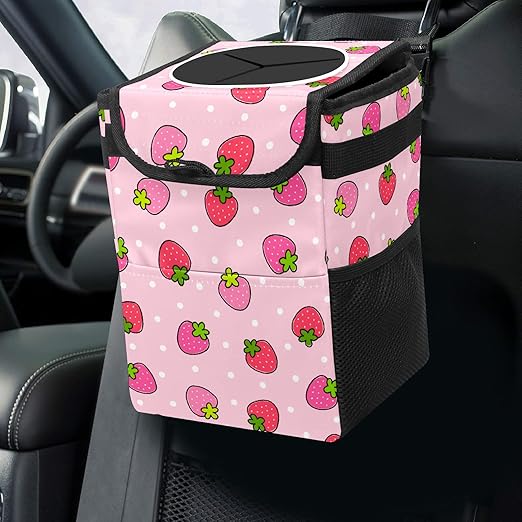 Pink Strawberry Car Trash Can with Lid Collapsible Reusable Waterproof Car Garage Bag,Automotive Garbage Can,Car Accessories Interior Car Organizer