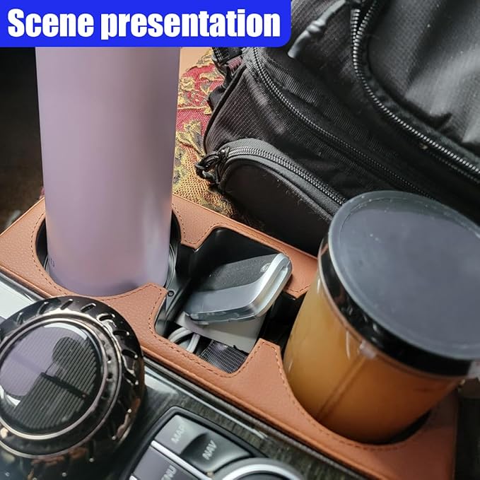 YoRise Car Cup Holder, PU Leather Automotive Cup Drink Holder, Car Seat Gap Filler Storage Box, Multifunctional Front Seat Organizer, Cell Mobile Phone Holder, Coin Bucket (Brown)