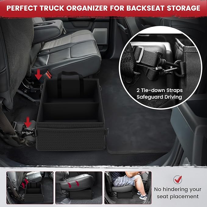 Under Seat Truck Organizer Storage Box with Removable Divider & 4 Storage Mesh Bag,Collapsible Trunk Organizer for Car, SUV, Truck, or Van(Full Size Trucks)