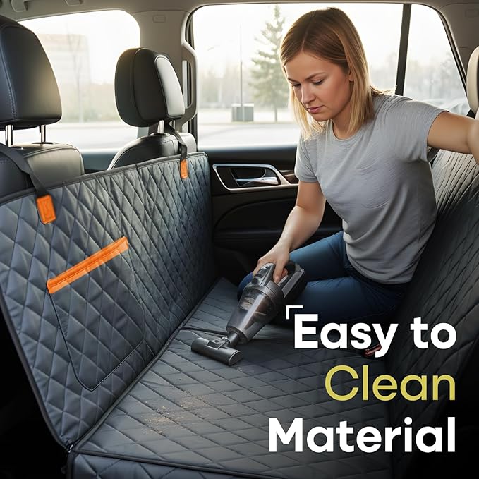 Jubily Dog Car Seat Cover for Back Seat, 100% Waterproof 600D Oxford Cloth Non-Slip Car Seat Protector, Universal Fit Pet Seat Cushion with Storage Pocket, Safety Ropes & Leash (Orange Pocket)