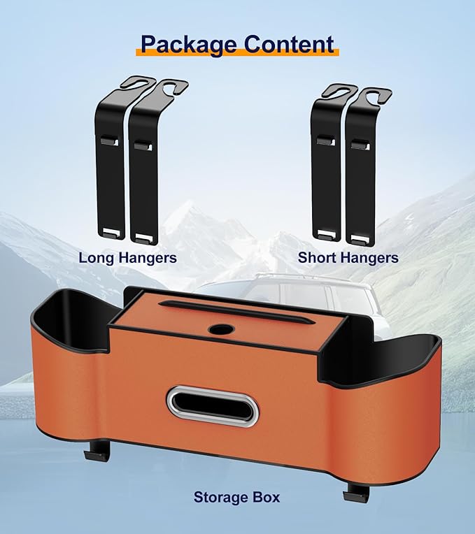 Multifunctional Car Organizers and Storage Box, Car Seat Back Storage Box with Tissue Holder, 2 Cup Holders & Purse Hooks (Orange)