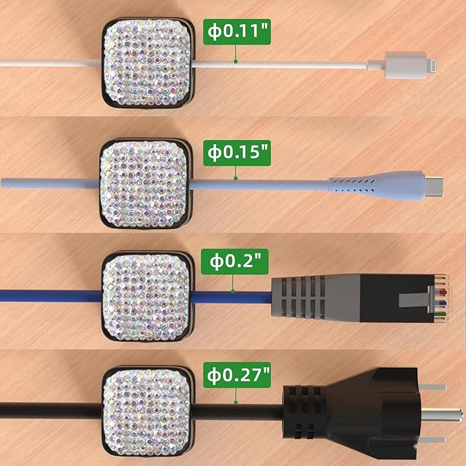 Sparkly Diamond Cord Organizer Holder, 6 Pack Magnetic Desk Cable Clips Management, Hide Phone Charging Cable Keeper, Strong Adhesive Wire Charger Holder for Nightstand, Kitchen Appliances (AB)