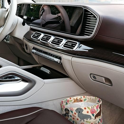 Dachshund Sausage Dogs Pink Flowers Print Car Trash Can Leak Proof Hanging Waterproof Garbage Can Multipurpose Trash Bin for Car SUV Front Seat Headrest Collapsible and Portable Storage Pocket