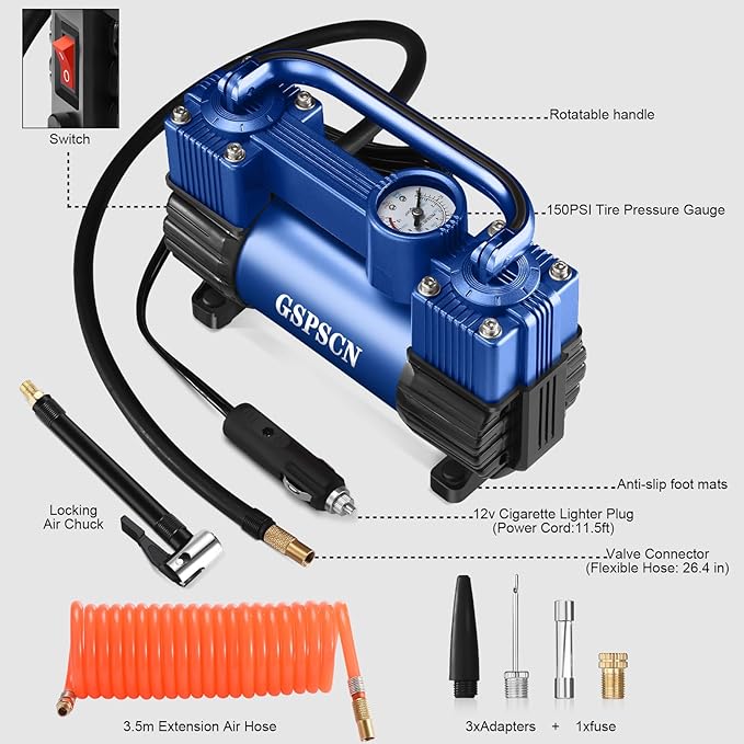 GSPSCN 6X Faster Inflation Tire Inflator Heavy Duty Double Cylinders with Portable Bag- Car Accessories,Metal 12V Air Compressor Pump 150PSI with Adapter for Car, Truck, SUV Tires, Dinghy, Air Bed