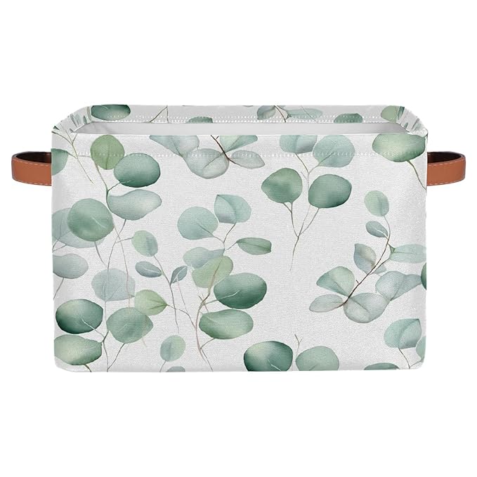 Eucalyptus Leaves Storage Baskets for Organizing, Fabric Collapsible Storage Bins Box Sage Green Decorative Toy Organizer Baskets for Closet Shelves Gift Basket 1 Pc