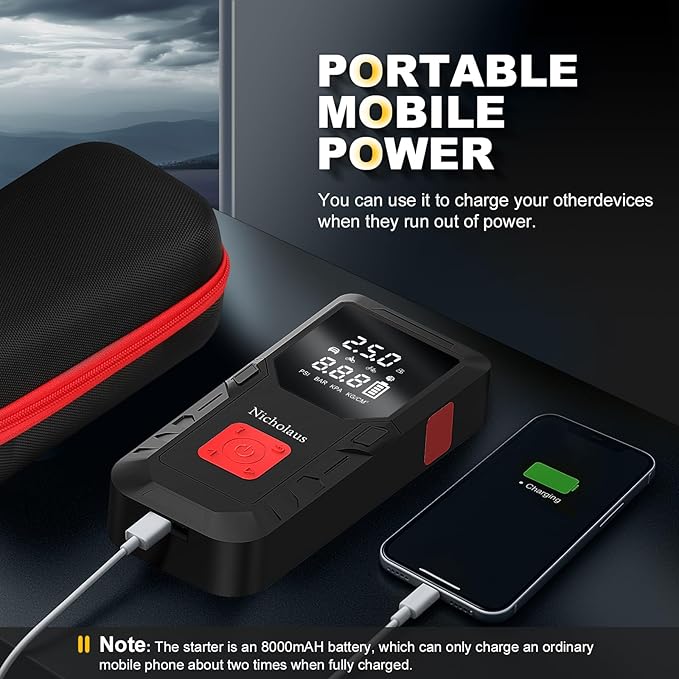 12 V Car 8000 mAh Battery Jump Starter 2800A with 150psI Air Compressor, Compact and Practical Edition QB08L Safe Smart, Portable Jump Box and Charger for 6.0L Gas and 3.0L Diesel Engines.