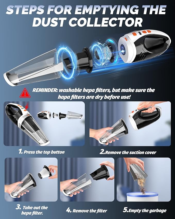 Handheld Vacuum Cordless, Car Vacuum Cleaner with Powerful Suction, 2 Modes Mini Hand Vacuum, Dry & Wet, LED Light, Portable Vacuum for Car Pet Hair, Home, Office, Keyboards Black Orange