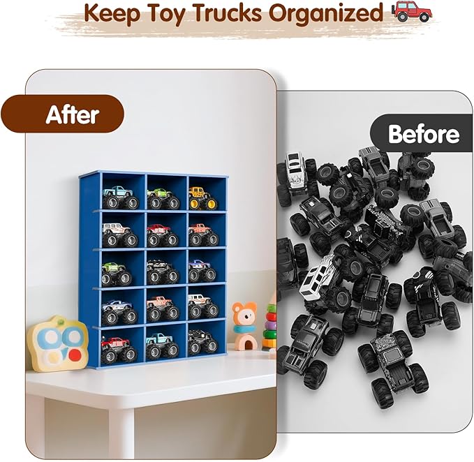 Trucks Display Shelf, 15 Slot Toy Cars Display Case, Wall Mounted Toy Truck Storage Organizer Holder, Blue