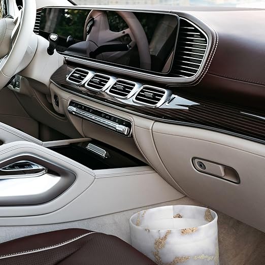 Modern Chic White Gold foil Marble Car Trash Can Leak Proof Hanging Waterproof Garbage Can Multipurpose Trash Bin for Car SUV Front Seat Headrest Collapsible and Portable Storage Pocket