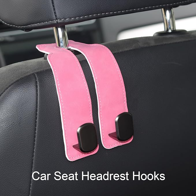 Purse and Bag Hook for Car, Zinc Alloy Seat Headrest Hooks, Upgraded Leather Cute Car Seat Back Purses Hanger and Bags Holder (Pink, 2Pack)