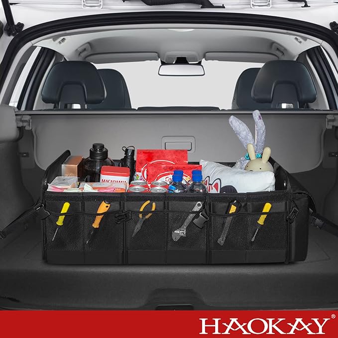 HAOKAY Collapsible Trunk Organizer with Insulated Leakproof Cooler Bag,Removable Lid,Adjustable Securing Straps,3 Compartments 5 in 1 Trunk Organizer for SUV,Truck,Sedan Jeep (95L
