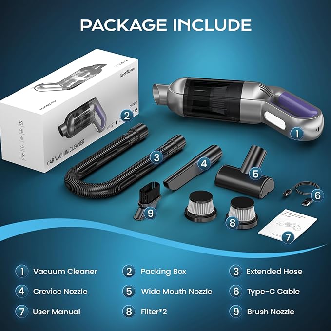 Cordless Handheld Vacuum, Portable Car Vacuum with LED Light,Rechargeable Small Vacuum Cleaner with Powerful Suction,Lightweight Vacuum Cleaner for Car Home Office Pet Hair,Grey