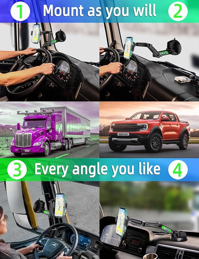 Truck Phone Holder Wireless Car Charger Mount, 15W Fast Charging Vacuum Phone Holders 14 inch Long Arm Heavy Duty Pickup Windshield and Dashboard, Trucks Accessories for iPhone Samsung LG