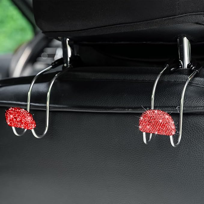 AUCELI Car Headrest Hook, 2 Pack Bling Backseat Organizer Hanger for Purse Clothes Grocery Bag, Rhinestones Auto Headrest Storage Holder, Universal Car Seat Accessories for Most Vehicle (Red)