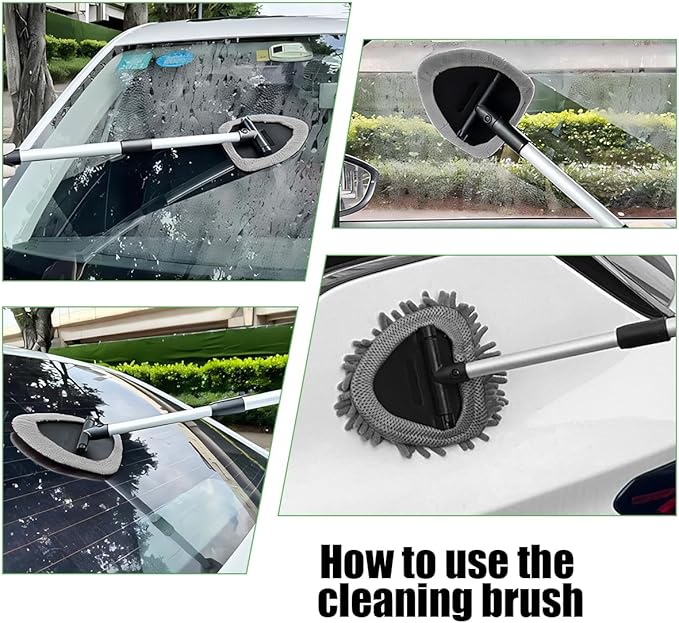 Car Windshield Cleaning Tool, Vehicle Window Cleaner with 3 Reusable Pads & Extendable Handle, Automotive Glass Wiper Wash Kit for Interior Exterior, Universal for Vehicles (Triangular)