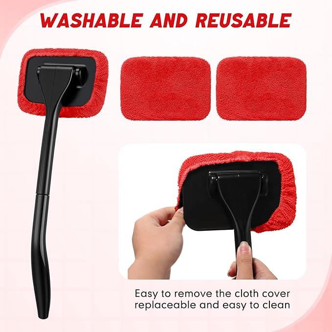 FoldTier 8 Pcs Car Windshield Cleaner Tool Kit with Removable Handle, Microfiber Towel Pads, Brush, Empty Spray Bottle for Auto Glass Wiper Suvs Rvs & Home Windows(Red)
