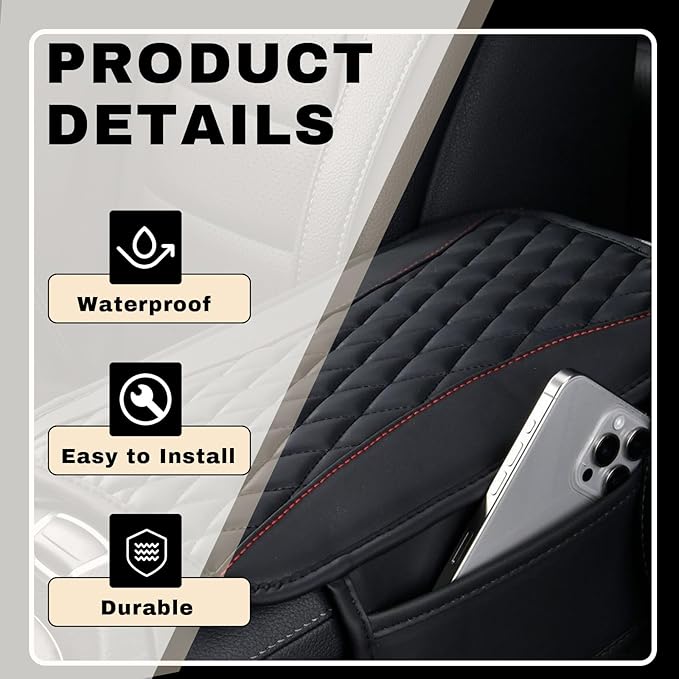Leather Car Center Console Cover with Side Pockets, Upgraded Arm Rest Cover for Car Seat Organizer, Middle Console Cover Stylish Car Decoration, Universal for Most Vehicles (Black)