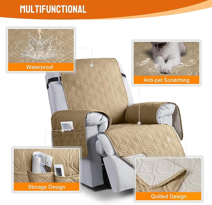 VANSOFY 100% Waterproof Recliner Chair Covers, Recliner Cover Non-Slip Dog Chair Cover Furniture Protector Washable Slipcover with Pocket, Elastic Straps for Pets, Dogs(Sand, 22")