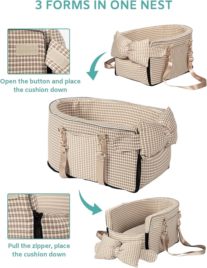 Prpeko Dog Car Seat for Small Dogs,Center Console Seat for Puppy,Anti-Collapse Pet Car Seat with Soft Cushion Safety Belt, Portable Car Armrest Seat for Dog & Cat Under 15 lbs (Grid-Brown)