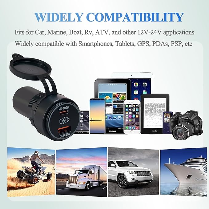 Dual USB Car Charger 100W Fast Charging PD & QC3.0 Type C & USB A Ports 12V/24V for Car Truck RV Boat Marine