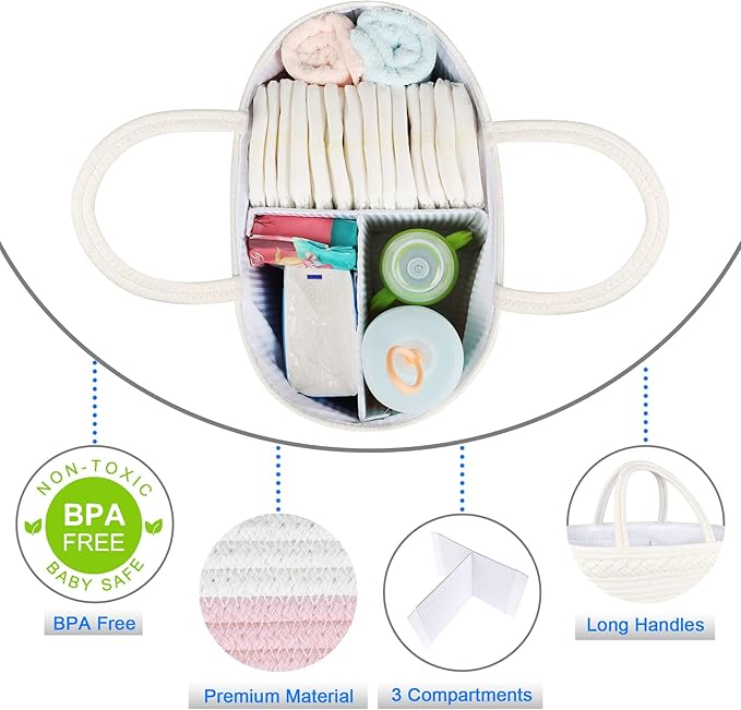 ABenkle Diaper Caddy Organizer - Cotton Rope Nursery Storage Basket for Baby Essentials, Boys & Girls Shower Gift, Changing Table Organizer, Pink