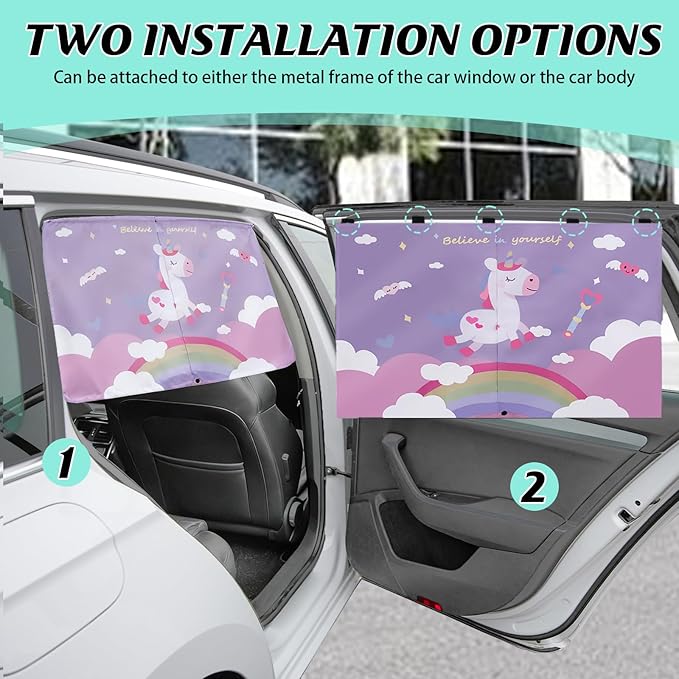 Car Window Shade for Baby, 2 Pack Magnetic Double Layer Cute Unicorn Car Shades for Side Windows, Adjustable Privacy Blackout/See-Through Window Curtains for Baby Kids UV Protection