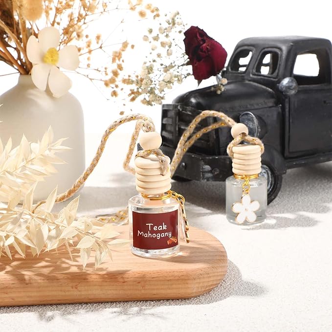 Siifert 2 Sets Hanging Car Air Freshener and Essential Oil Diffuser, Car Air Freshener Daisy Essential Oil Diffuser Long Lasting Automobile Aromatherapy(White,Teak Mahogany)