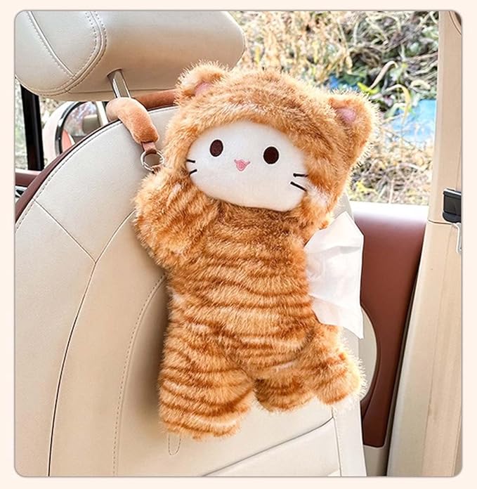 Tissue Box Cover Plush Tissue Box Holder for Car, Home, Decorative Holder/Organizer for Bathroom Vanity Countertop, Nightstands, Office Desk-Orange Cat