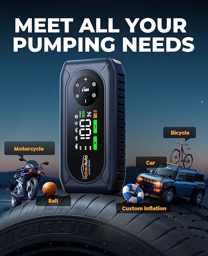 YaberAuto 9-in-1 Car Jump Starter with Air Compressor 4500A 150PSI, Battery Jumper Starter Portable for 9L Gas/8L Diesel, Jump Box with Auto-Shutoff Tire Inflator, Safety Jumper Cables, Gloves, Lights