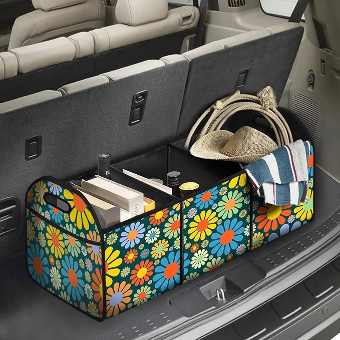 Hippie Flower Car Trunk Storage Box with Pockets Car Accessory for SUVs Cars Automotive Organizer