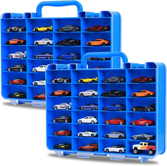 Storage Case for Hot Wheels - Carrying Display Case for 1/64 Scale Toy Cars, 48-Slot Double-Sided Transparent Organizer with Adjustable Dividers (Blue, 2 Packs)