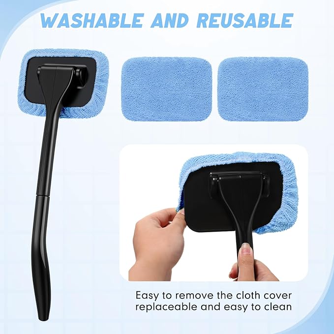 FoldTier 8 Pcs Car Windshield Cleaner Tool Kit with Removable Handle, Microfiber Towel Pads, Brush, Empty Spray Bottle for Auto Glass Wiper Suvs Rvs & Home Windows(Light Blue)