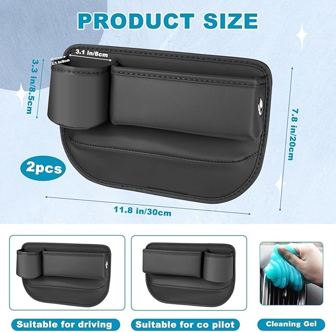 2 Pack Car Seat Gap Filler with Cup Holder,Car Leather Cup Holder Gap Bag Cars Front Seat Gap Filler with Cup Holder Black Seat Gap Storage Box