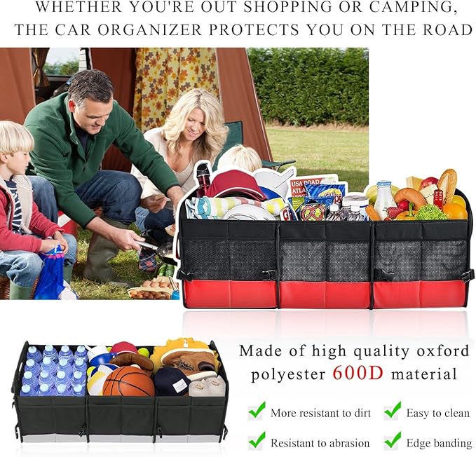 Large Organizer for Car, 95L Stretchable Storage Trunk Organizer with Divided Compartments, Fixed Big Trunk Organizer with Handles & Adjustable Straps, Car Accessories (Black & Red)