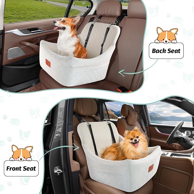 Lealchum Dog Car Seat for Medium Dogs Up to 40lbs,Easy to Install with Adjustable Straps,Anti-Slip Base,Fully Detachable and Washable,Soft Fabric Fill in Memory Foam,2 Side Pockets(Beige,Medium)
