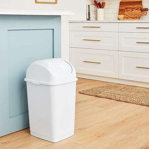 Superio Kitchen Trash Can with Swing Top Lid 9 Gallon Slim Waste Bin 37 Qt Sturdy Plastic Garbage Can Medium Recycling Bin for Office, Bathroom, Under Counter, Dorm, Bedroom (White)