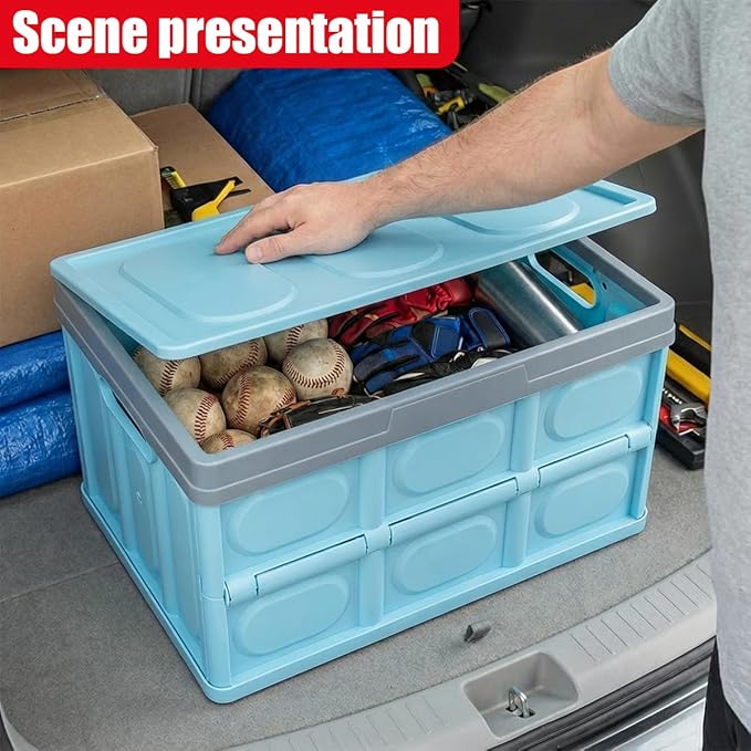 YoRise Car Trunk Organizer, Plastic Waterproof Foldable Car Cargo Storage Box with Lid, Universal Portable Automotive Tool Container Accessories for SUV Truck Sedan (Blue)