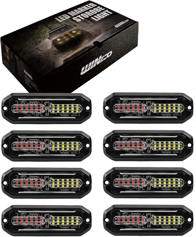 WINECO Amber/White LED Strobe Lights Kit - 8pcs 12-LED Flashing Emergency Warning Lights for Trucks, Cars and Vehicles