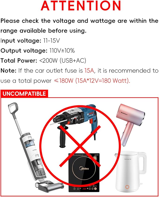YSOLX 200W Car Power Inverter 12V to 110V for Vehicles, Car Plug Adapter Outlet with 4 USB Fast Charger, Car Charger Cigarette Lighter Adapter for Phone, Laptop on Road Trip