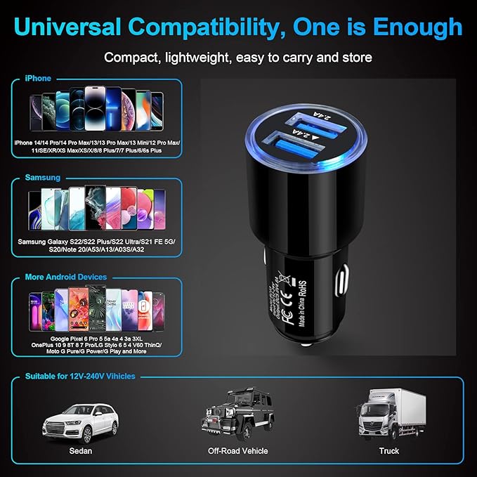 Car Charger Adapter, 5Pack 4.8A Dual Port Fast Charge Car Phone Charger USB Lighter Plug Cigarette Charger for iPhone 17 16e 16 15 14 13 12 11 Pro Max SE XR XS X 8 7 6,Samsung Galaxy S25 S24 S23 S22