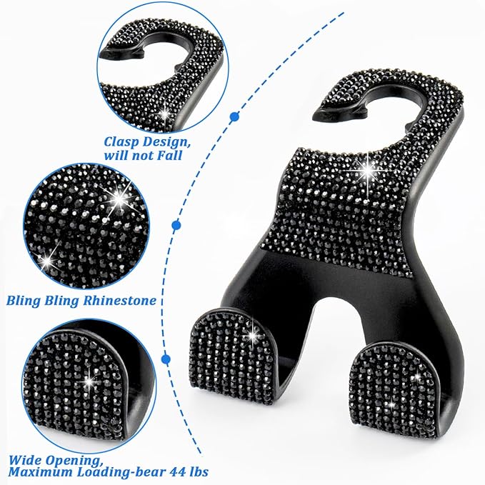 MTGOCHA Bling Car Purse Hooks 2Pcs, Durable Car Headrest Hook, Holds 44Lbs, Double-Hooks, Wide-Opening, Rhinestone Automobile Purse Hangers Holder, Bling Car Accessories for Women, Black