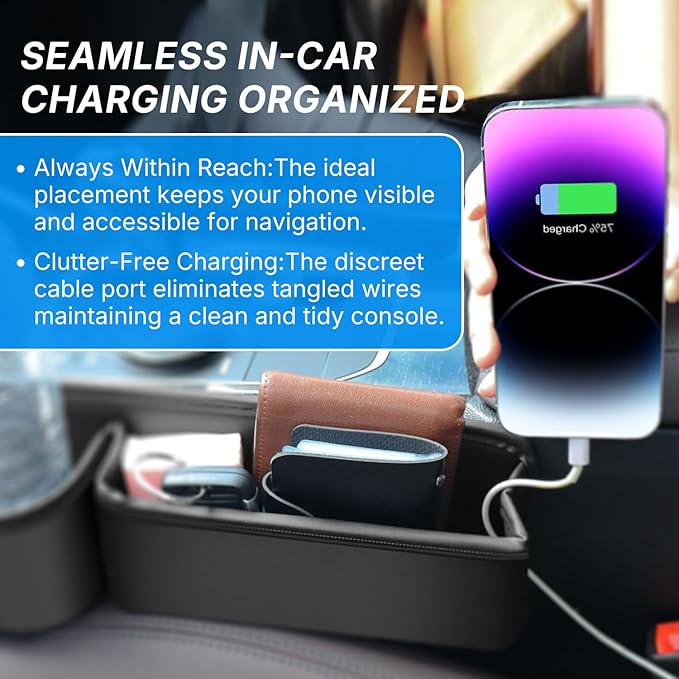 Car Seat Gap Filler Organizer 2-Pack, Premium Leather Storage Box with Cup Holders & Card Slots - Universal Fit for Car SUV Truck, Keep Phone, Keys, Sunglasses Secure (Black, Left + Right Side)