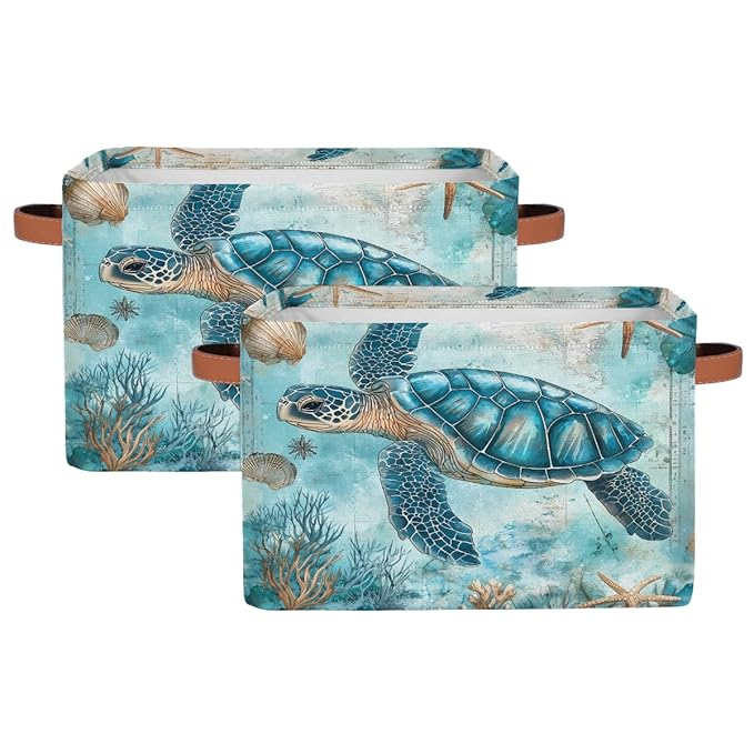 Turquoise Turtle Storage Baskets for Organizing, Fabric Collapsible Storage Bins Box Ocean Seashell Decorative Toy Organizer Baskets for Closet Shelves Gift Basket 2Pcs