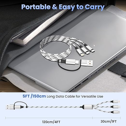 Travel Essentials 3 in 2 Multi Charging Cable, USB A/C Charging Cords with Type-C/IP/Micro, Universal Phone Charger Cord Compatible with iPhone17-8/iPad/Android/Tablet/Car (3Packs 5FT)