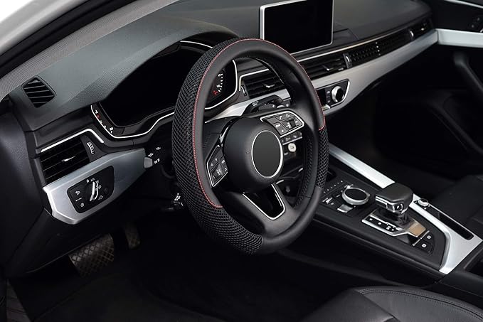 KAFEEK 15 inch Steering Wheel Cover, Cooling Ice Silk Mesh with Microfiber Leather, Ultra Breathable, Anti Slip Car Grip, Heat Resistant Summer Cool, Universal Fit, Black