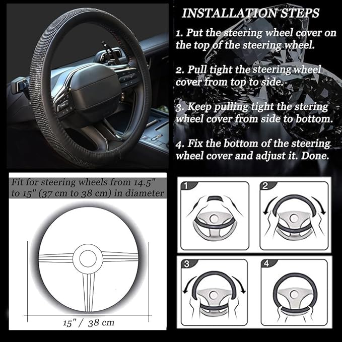 New Diamond Leather Steering Wheel Cover with Bling Bling Crystal Rhinestones, Universal Fit 15 Inch Car Wheel Protector for Women Girls,Black Diamond